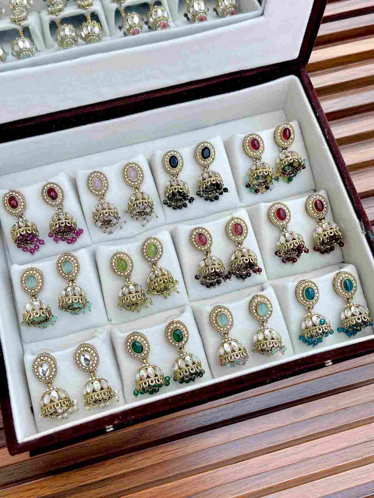 Beautiful Exclusive Quality 12 Pairs Different Colour Small Jhumka Mirror Box….